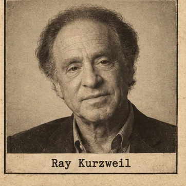 Generated editorial portrait of Ray Kurzweil, a labeled sketch-style mugshot crop from a twelve-person rogues gallery grid.