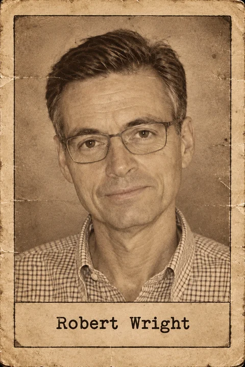 Generated editorial portrait of Robert Wright, a labeled sepia dossier-style aged photo card portrait with a printed name plate.