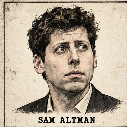 Generated editorial portrait of Sam Altman, a labeled sketch-style mugshot crop from a nine-person rogues gallery grid.