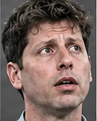 Generated editorial portrait of Sam Altman with a startled, tense expression.
