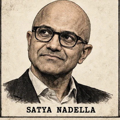 Generated editorial portrait of Satya Nadella, a labeled sketch-style mugshot crop from a nine-person rogues gallery grid.