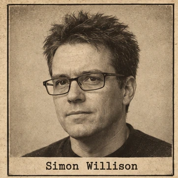Generated editorial portrait of Simon Willison, a labeled sketch-style mugshot crop from a twelve-person rogues gallery grid.