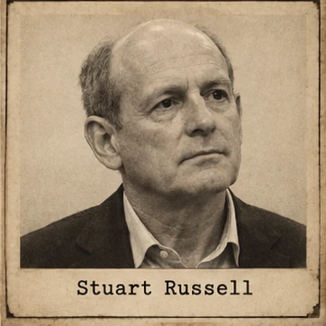 Generated editorial portrait of Stuart Russell, a labeled sepia photographic dossier mugshot crop from a twelve-person rogues gallery grid.