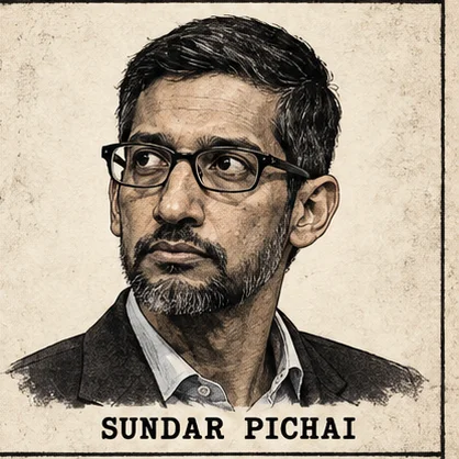 Generated editorial portrait of Sundar Pichai, a labeled sketch-style mugshot crop from a nine-person rogues gallery grid.