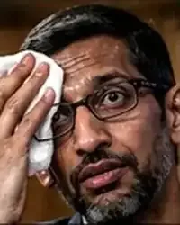 Generated editorial portrait of Sundar Pichai with a sweaty, uneasy expression.