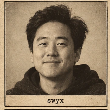 Generated editorial portrait of swyx, a labeled sketch-style mugshot crop from a twelve-person rogues gallery grid.