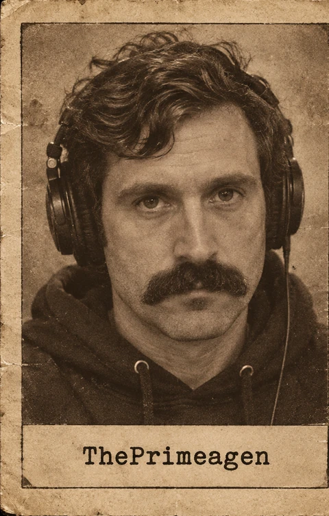 Generated editorial portrait of ThePrimeagen, a labeled sepia dossier-style mugshot crop from a supplied two-person rogues gallery card sheet.