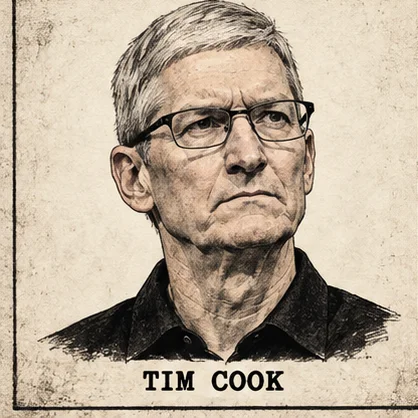 Generated editorial portrait of Tim Cook, a labeled sketch-style mugshot crop from a nine-person rogues gallery grid.