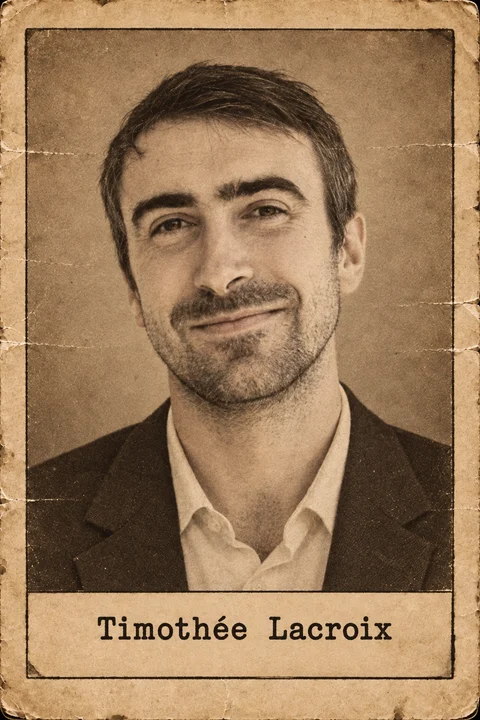 Generated editorial portrait of Timothée Lacroix, a labeled sepia dossier-style aged photo card portrait with a printed name plate.