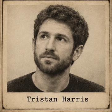 Generated editorial portrait of Tristan Harris, a labeled sepia photographic dossier mugshot crop from a twelve-person rogues gallery grid.