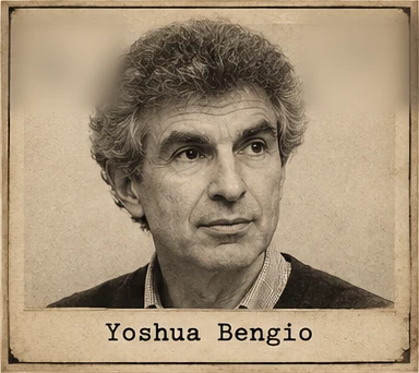 Generated editorial portrait of Yoshua Bengio, a labeled sepia dossier-style mugshot crop from a twelve-person rogues gallery grid.
