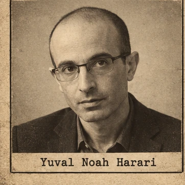 Generated editorial portrait of Yuval Noah Harari, a labeled sketch-style mugshot crop from a twelve-person rogues gallery grid.